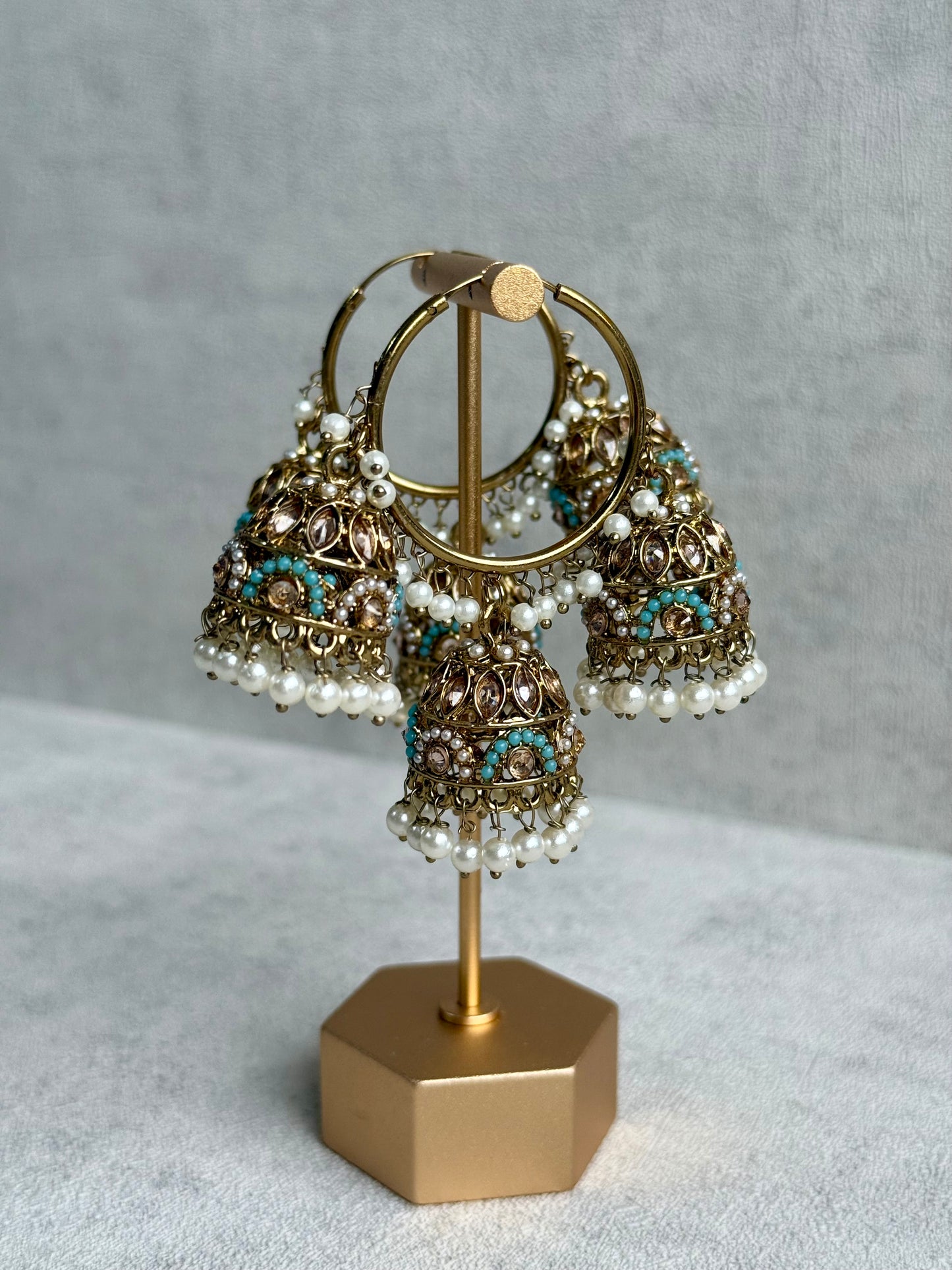 Ayura Designs Nakhra Balis – Aqua Blue Triple Dome Earrings with Mirror-Cut Stones & Pearl Detailing