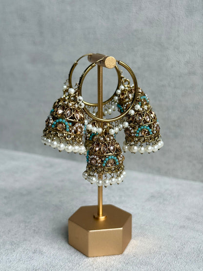 Ayura Designs Nakhra Balis – Aqua Blue Triple Dome Earrings with Mirror-Cut Stones & Pearl Detailing