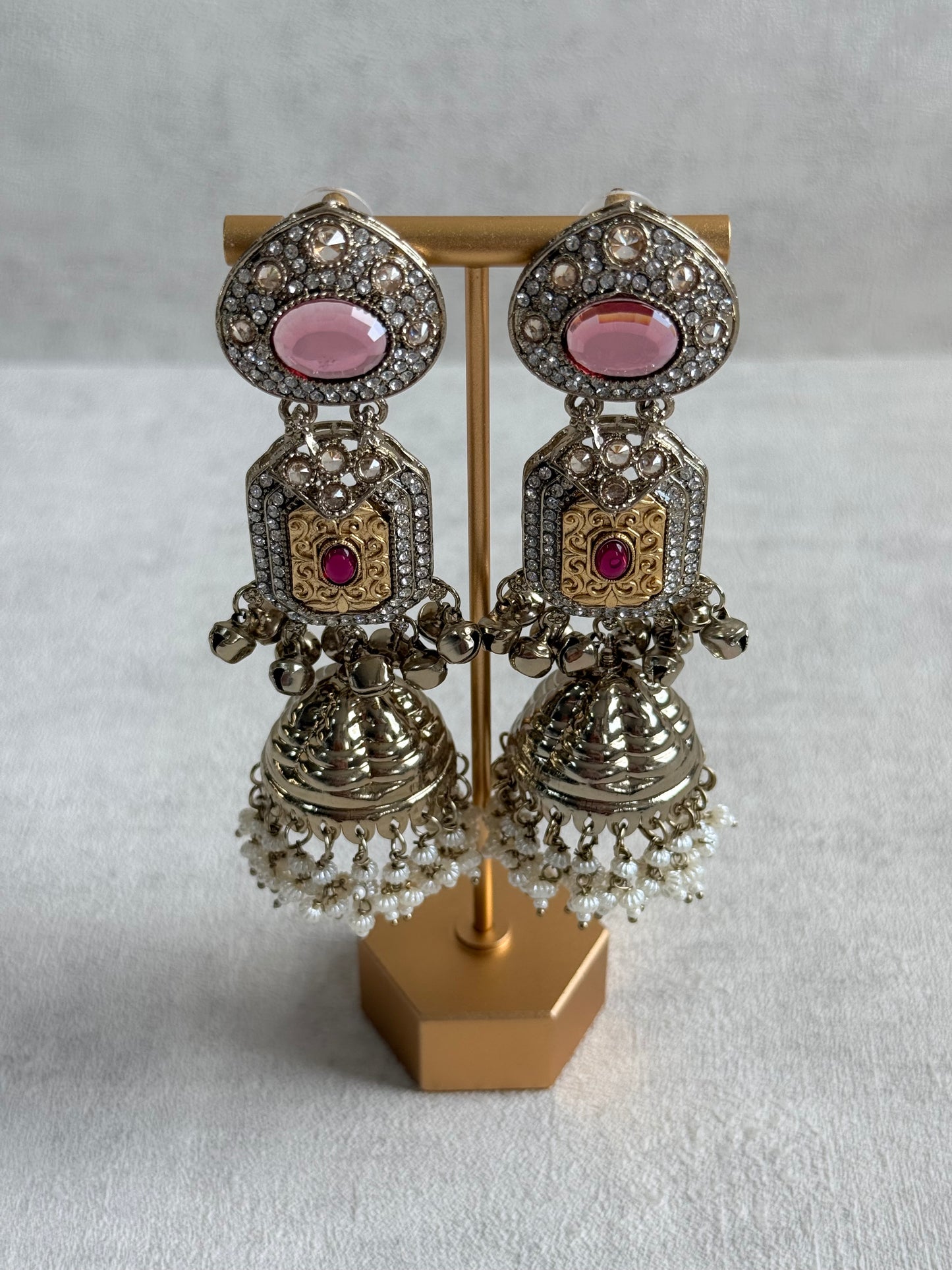 Ayura Designs Maara Jhumkis – Champagne Gold with Rose Pink & Rani Pink Stones, Crystals, Ghungroos & Pearl Detailing