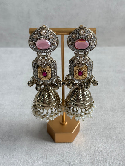 Ayura Designs Maara Jhumkis – Champagne Gold with Rose Pink & Rani Pink Stones, Crystals, Ghungroos & Pearl Detailing