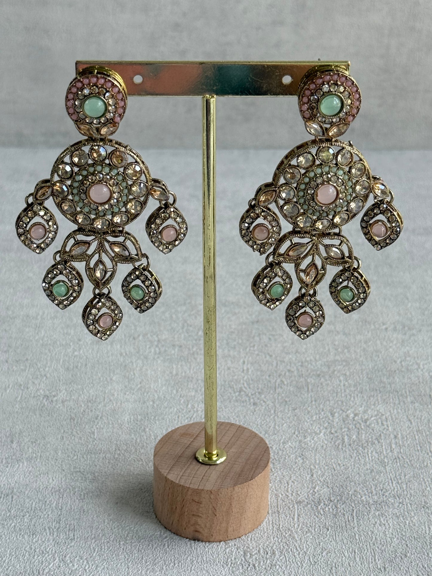 Ayura Designs Vanika Earrings – Mint Green, Blush Pink & Champagne Crystal Gold Finish