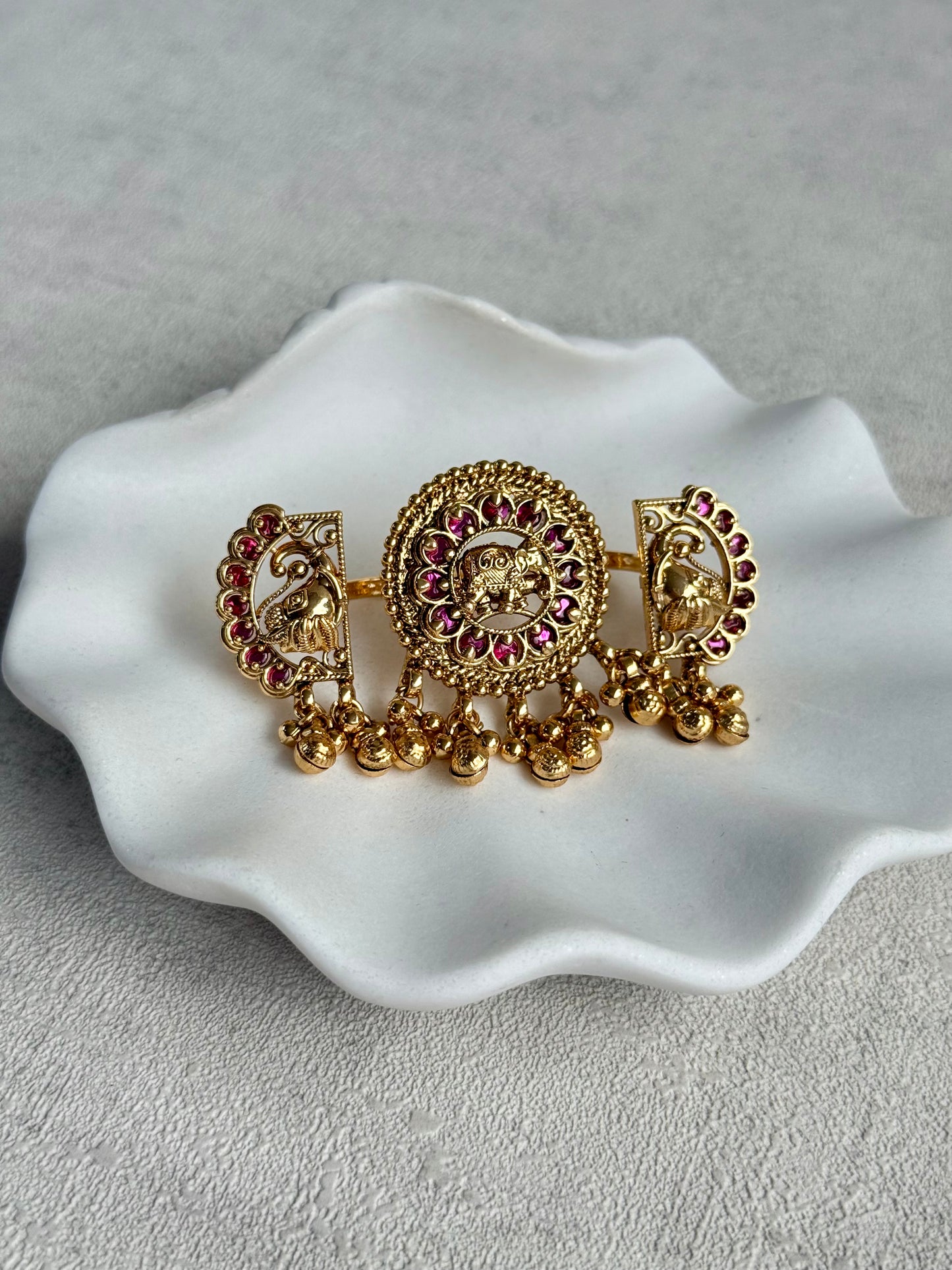 Ayura Designs Nira Adjustable Ring – Jadau-Inspired Elephant Motifs with Rani Pink Stones, Pearl Drops & Ghungroos