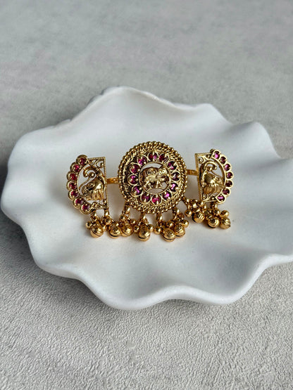 Ayura Designs Nira Adjustable Ring – Jadau-Inspired Elephant Motifs with Rani Pink Stones, Pearl Drops & Ghungroos