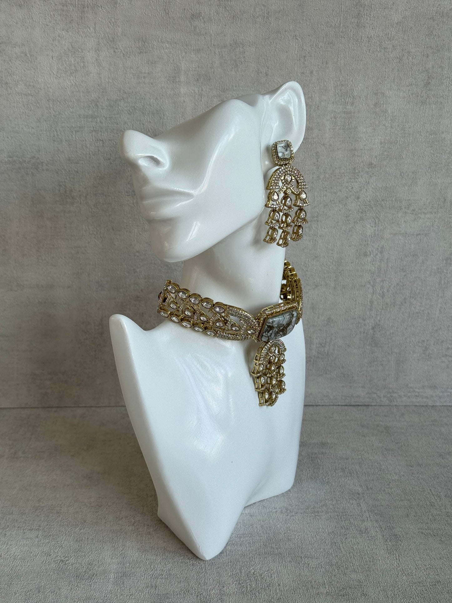 Ayura Designs Isla Choker Set with Earrings – All-White Marble & Moissanite Stones