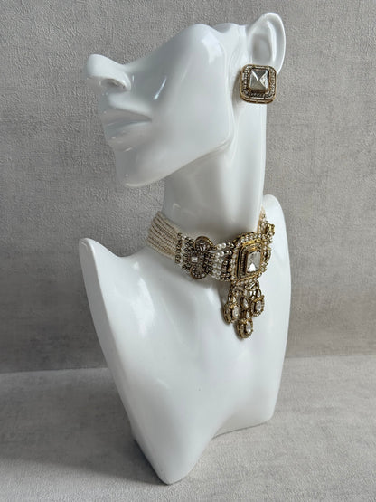 Ayura Designs Nabiha Choker Set with Studs – Ivory Pearl, Crystal Detailing & Gold Finish
