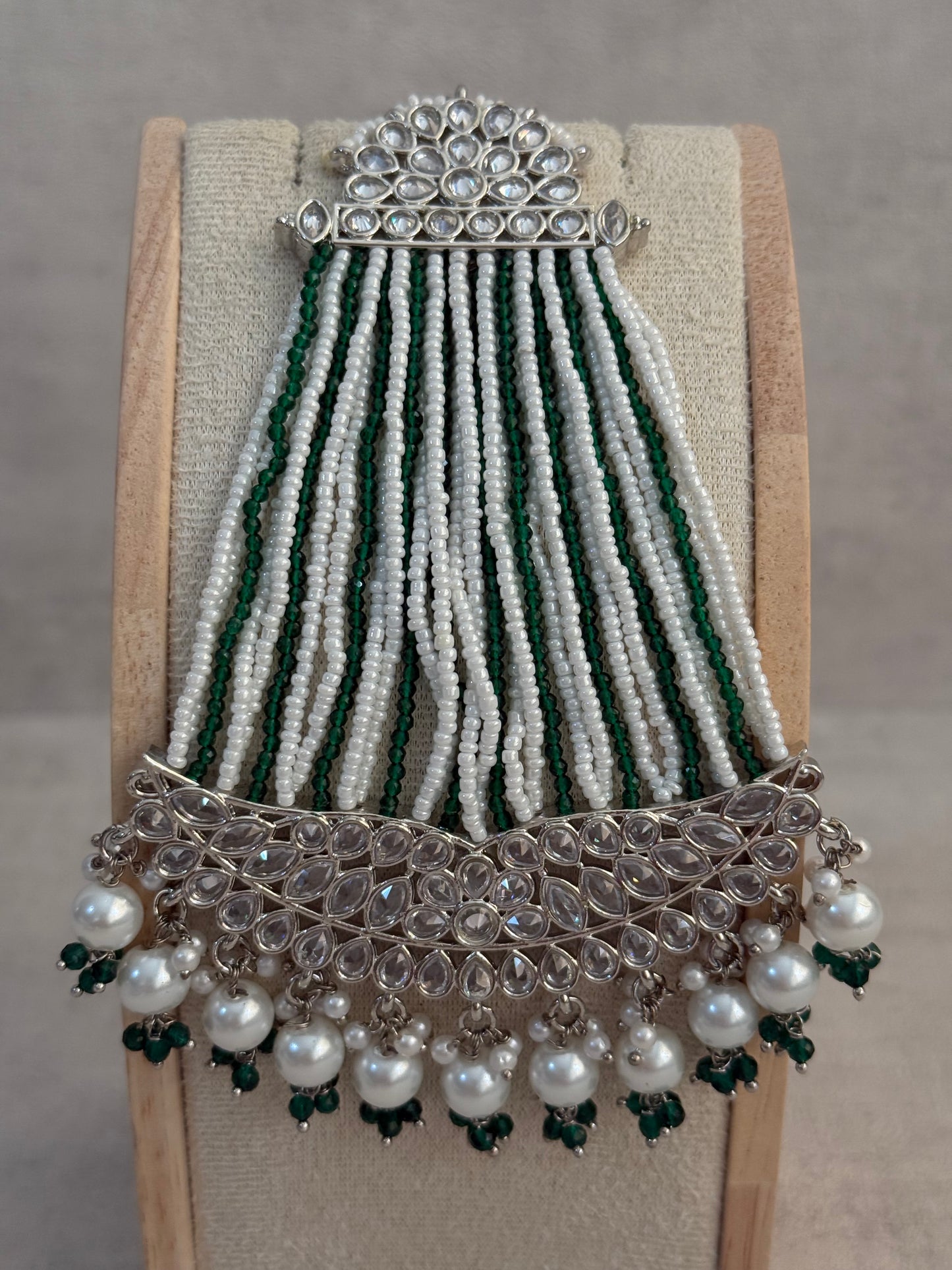 Ayura Designs Ash Jhoomar Passa – Emerald Green Beads with Mirror Cut Stones & Silver Finish