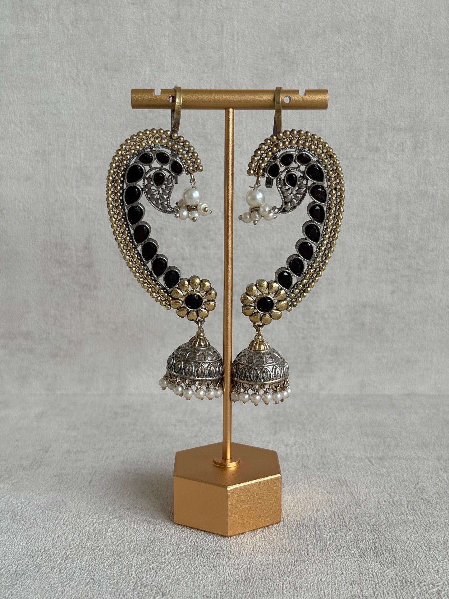 Ayura Designs Koyal Jhumkis – Oxidised Dual Tone Ear Climber Jhumkis with Black Kundan & Pearl Detailing