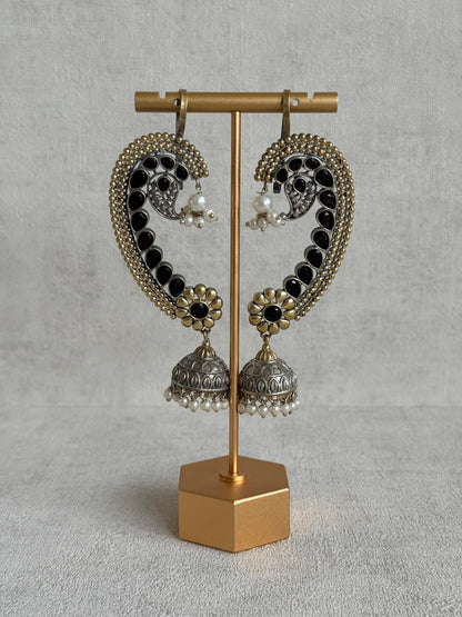 Ayura Designs Koyal Jhumkis – Oxidised Dual Tone Ear Climber Jhumkis with Black Kundan & Pearl Detailing
