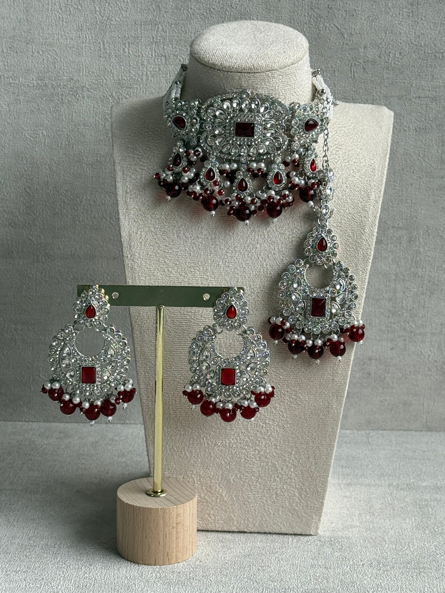 Ayura Designs Nandhini Set – Choker, Earrings & Tikka with Ruby Red Stones, Pearls & Silver Finish