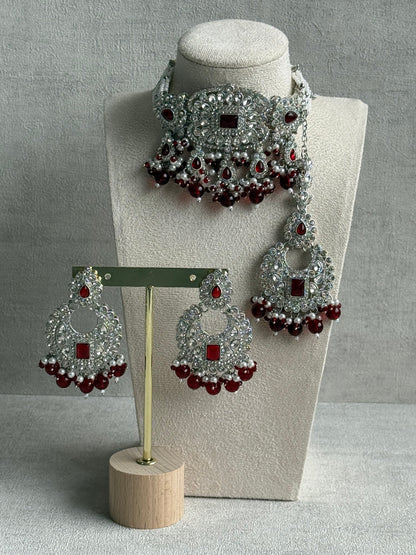 Ayura Designs Nandhini Set – Choker, Earrings & Tikka with Ruby Red Stones, Pearls & Silver Finish