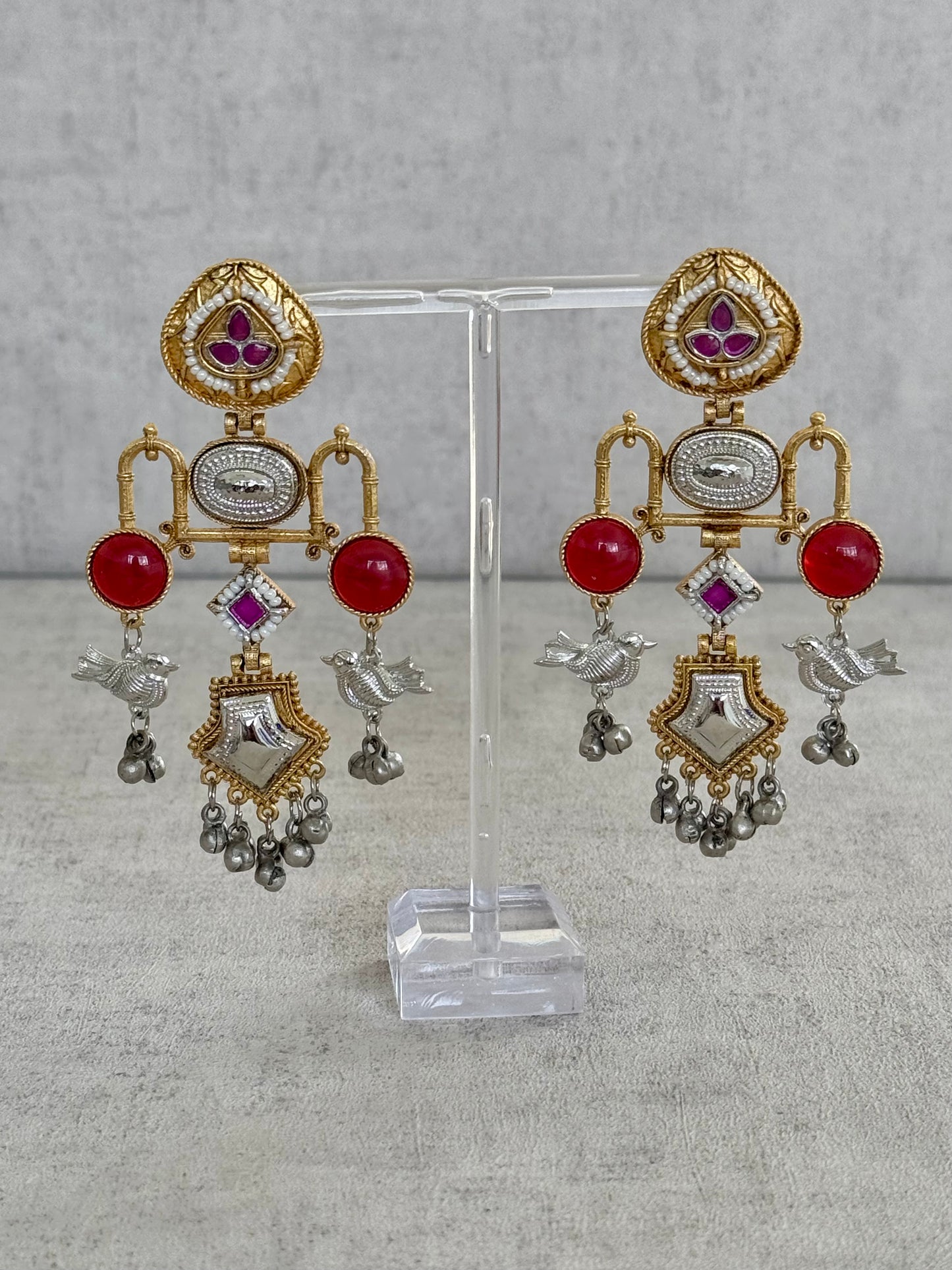 Ayura Designs Amzie Earrings - Exquisitely Handcrafted in Brass with Silver Accents, Ruby Embellishments, and Delicate Bird Motif Charms