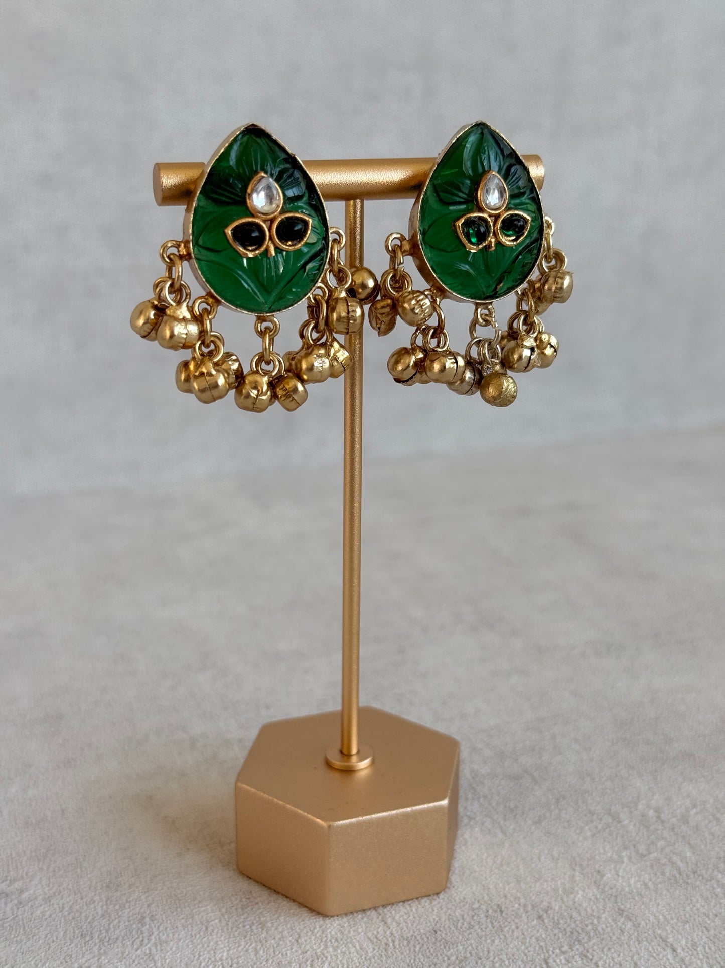 Ayura Designs Aykai Earrings – Emerald Green Carved Teardrop Stud Earrings with Clear Kundan Stones and Gold Ghungroo Drops