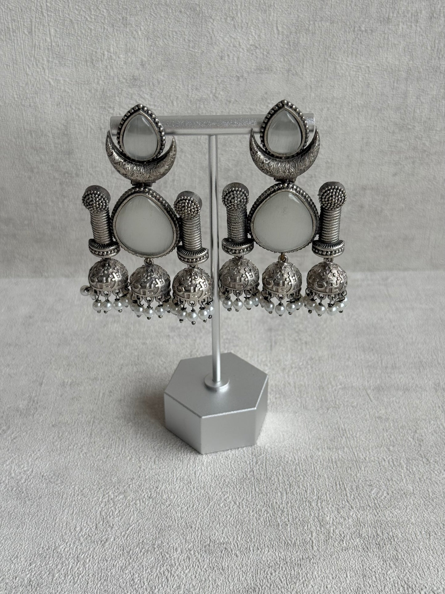 Ayura Designs Qissa Earrings – Oxidised Triple Jhumki Earrings with Opal Grey Stones & Pearl Detailing