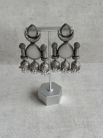 Ayura Designs Qissa Earrings – Oxidised Triple Jhumki Earrings with Opal Grey Stones & Pearl Detailing