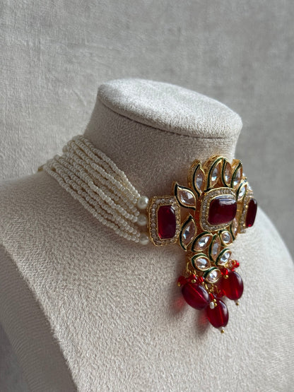 Ayura Designs Raaz Set with Necklace & Earrings – Ruby Red Stones, Kundan Detailing & Antique Gold Finish