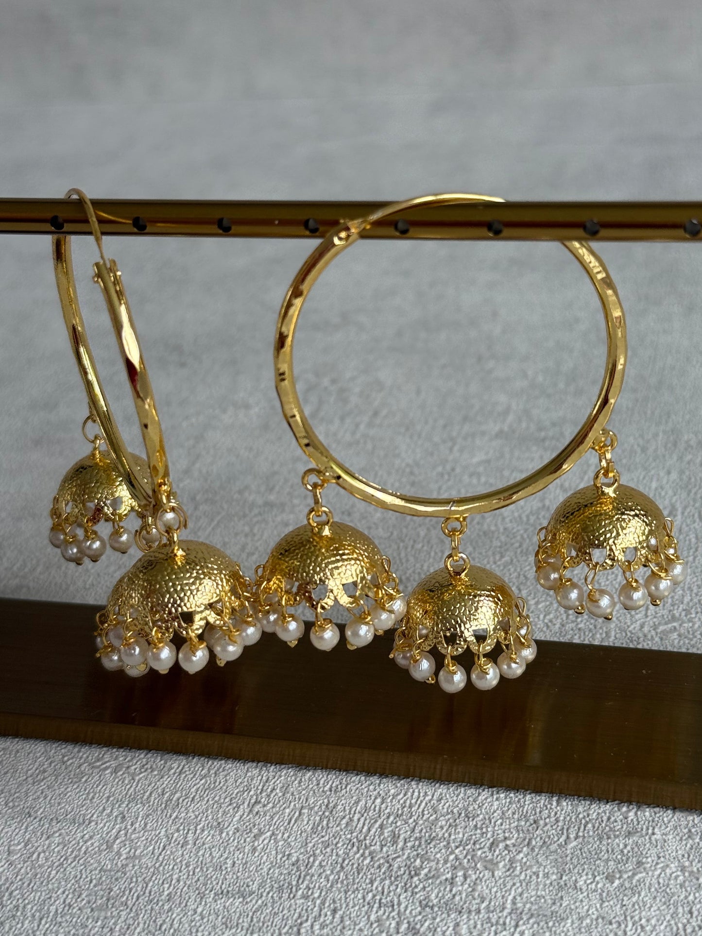 Ayura Designs Anam Balis – Gold Triple Jhumki Hoop Earrings with Pearl Drops