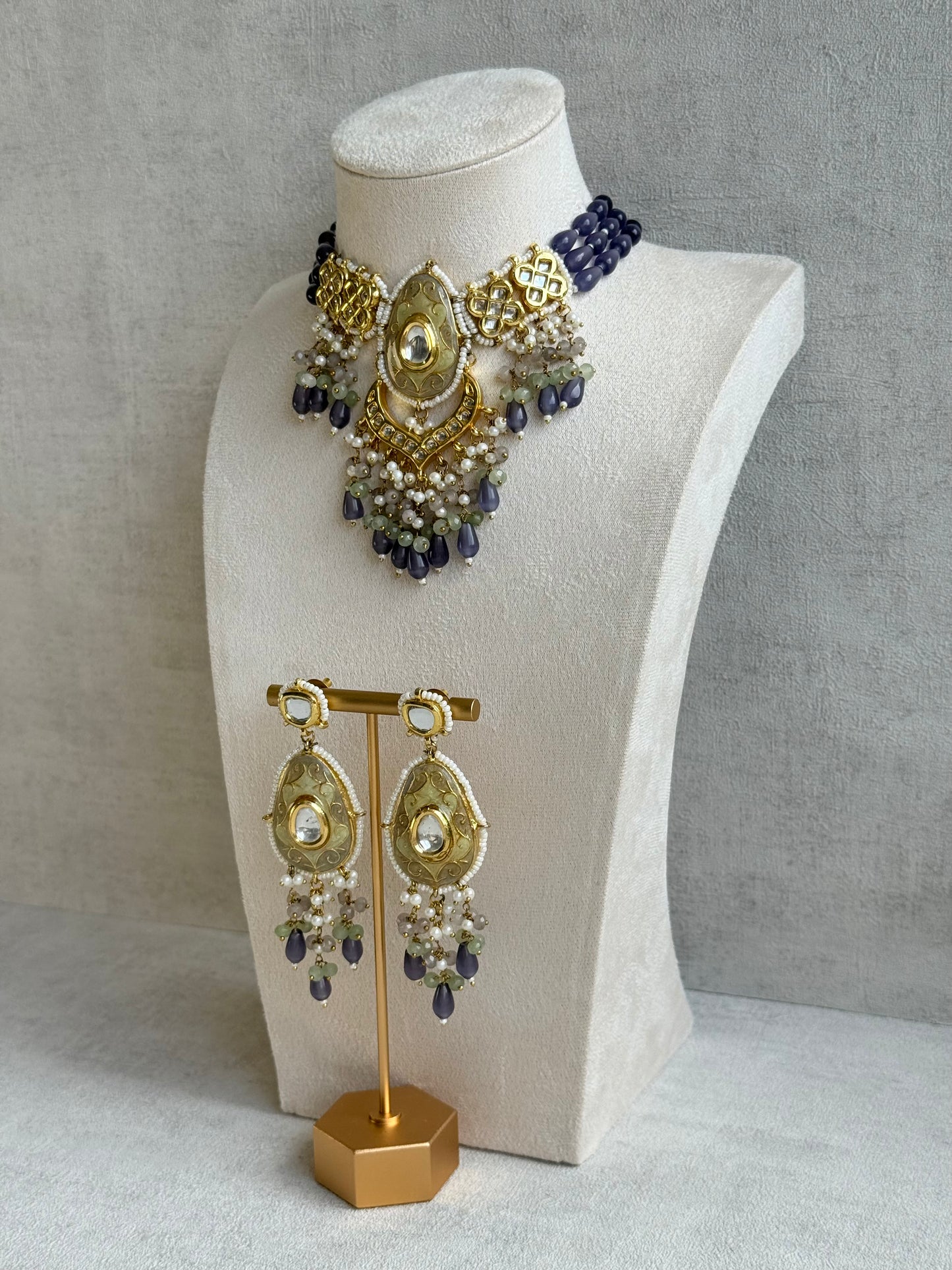 Ayura Designs Zarwali Meenakari Kundan Choker Set with Earrings – Dusty Lavender & Pearl Bead Detailing