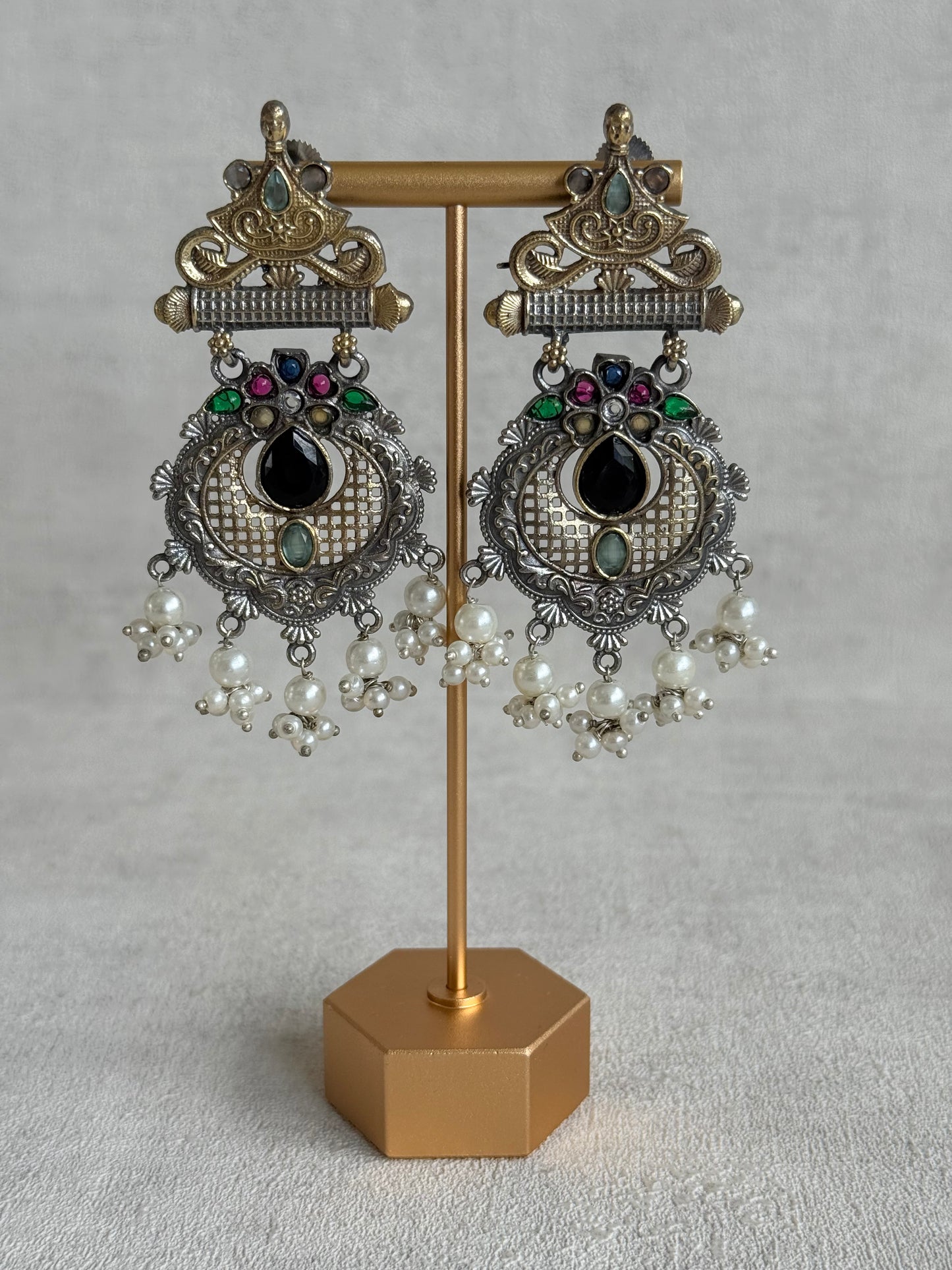 Ayura Designs Taali Earrings – Dual Tone Oxidised Statement Earrings with Multicolour Stones & Pearl Clusters