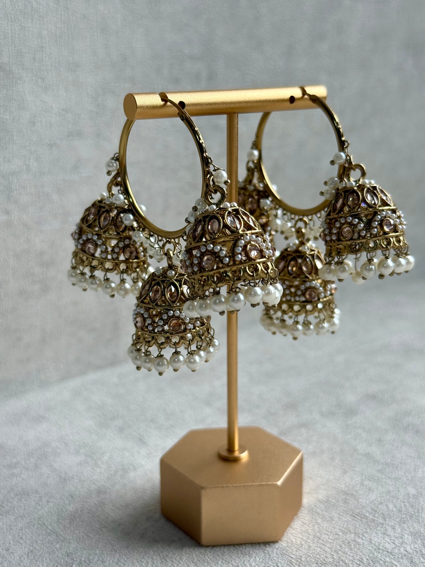 Ayura Designs Nakhra Balis – Ivory Triple Dome Earrings with Pearl Clusters & Mirror-Cut Detailing
