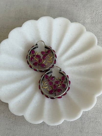 Ayura Designs Nureh Earrings – Dual Tone Floral Hoop Earrings with Ruby Pink Stones & Cutwork Detailing