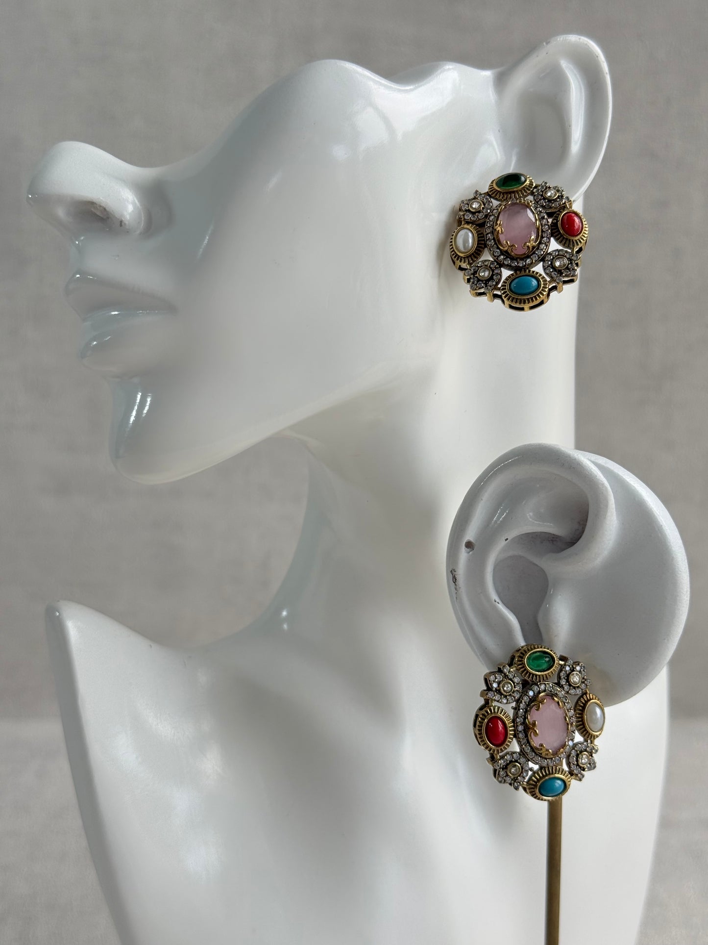 Ayura Designs Celia Stud Earrings – Blush Pink & Multicolour Stones with Gold Finish