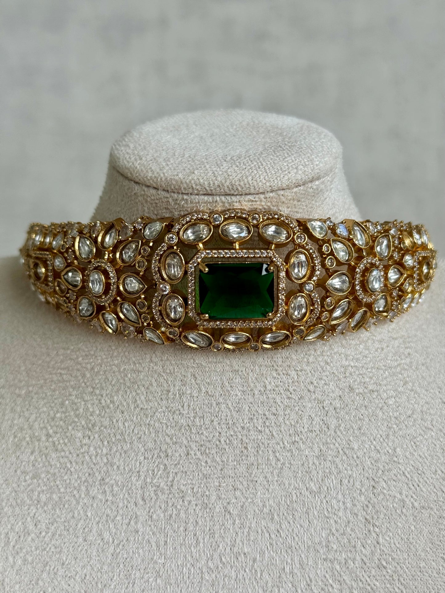 Ayura Designs Akasha Choker Set with Stud Earrings – Emerald Green Moissanite Stones & Antique Gold Finish