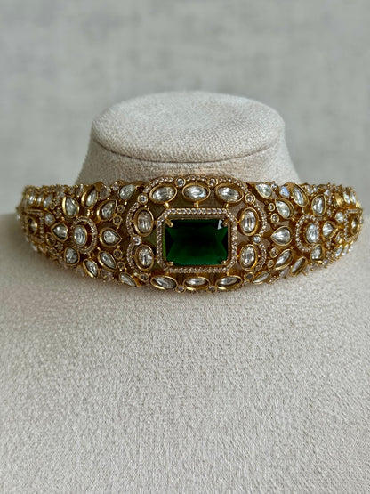 Ayura Designs Akasha Choker Set with Stud Earrings – Emerald Green Moissanite Stones & Antique Gold Finish