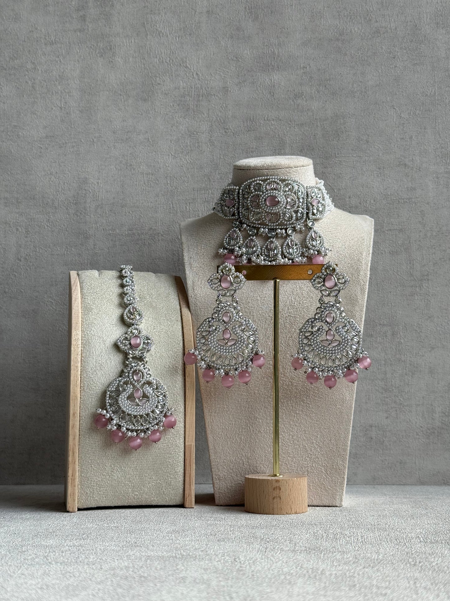 Ayura Designs Zarlish Set – Choker, Earrings & Tikka with Mirror-Cut Stones, Blush Pink Beads & Silver Finish