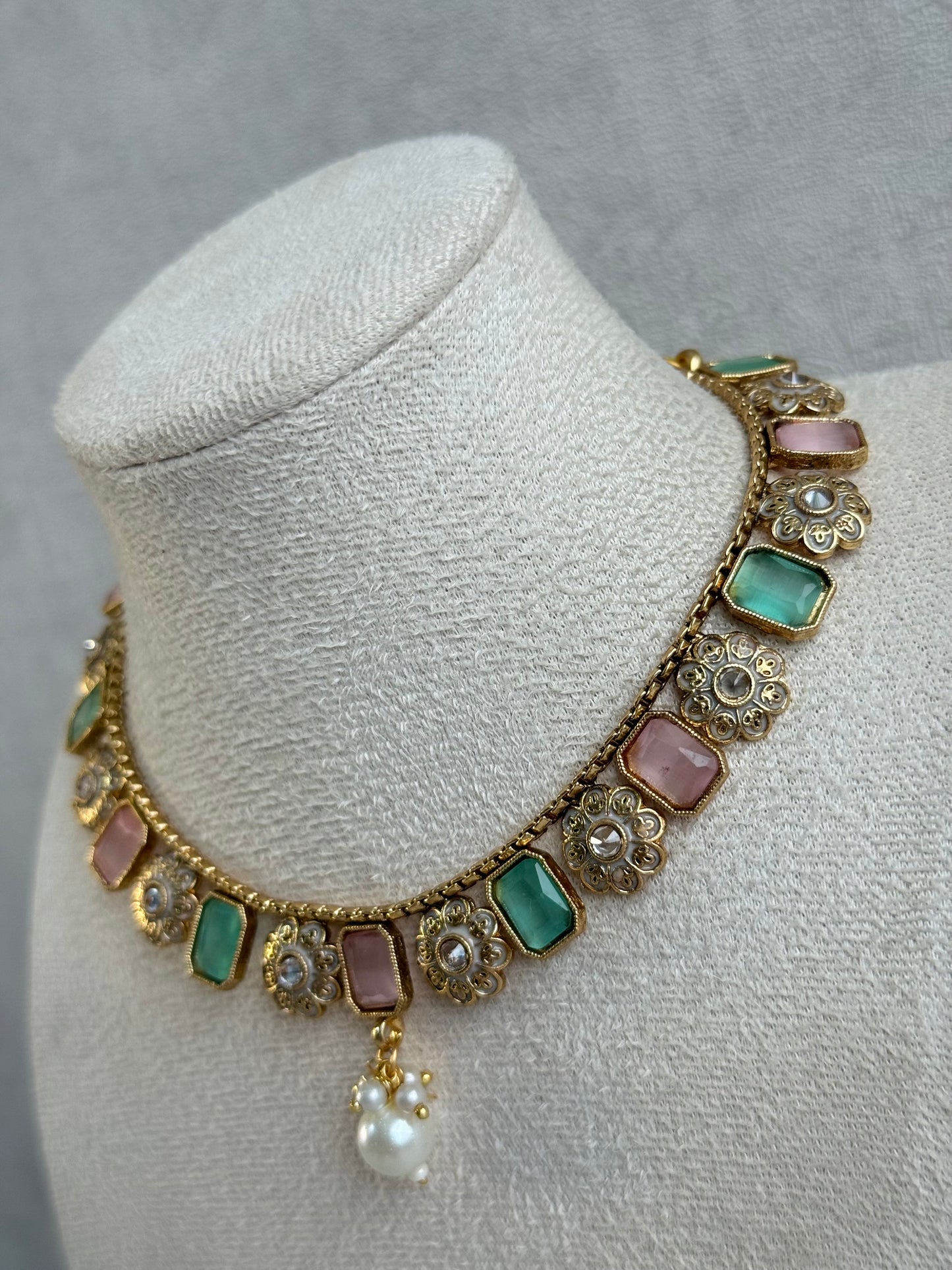 Ayura Designs Padma Necklace Set with Earrings – Blush Pink & Mint Green Stones with Pearl Drop Detailing