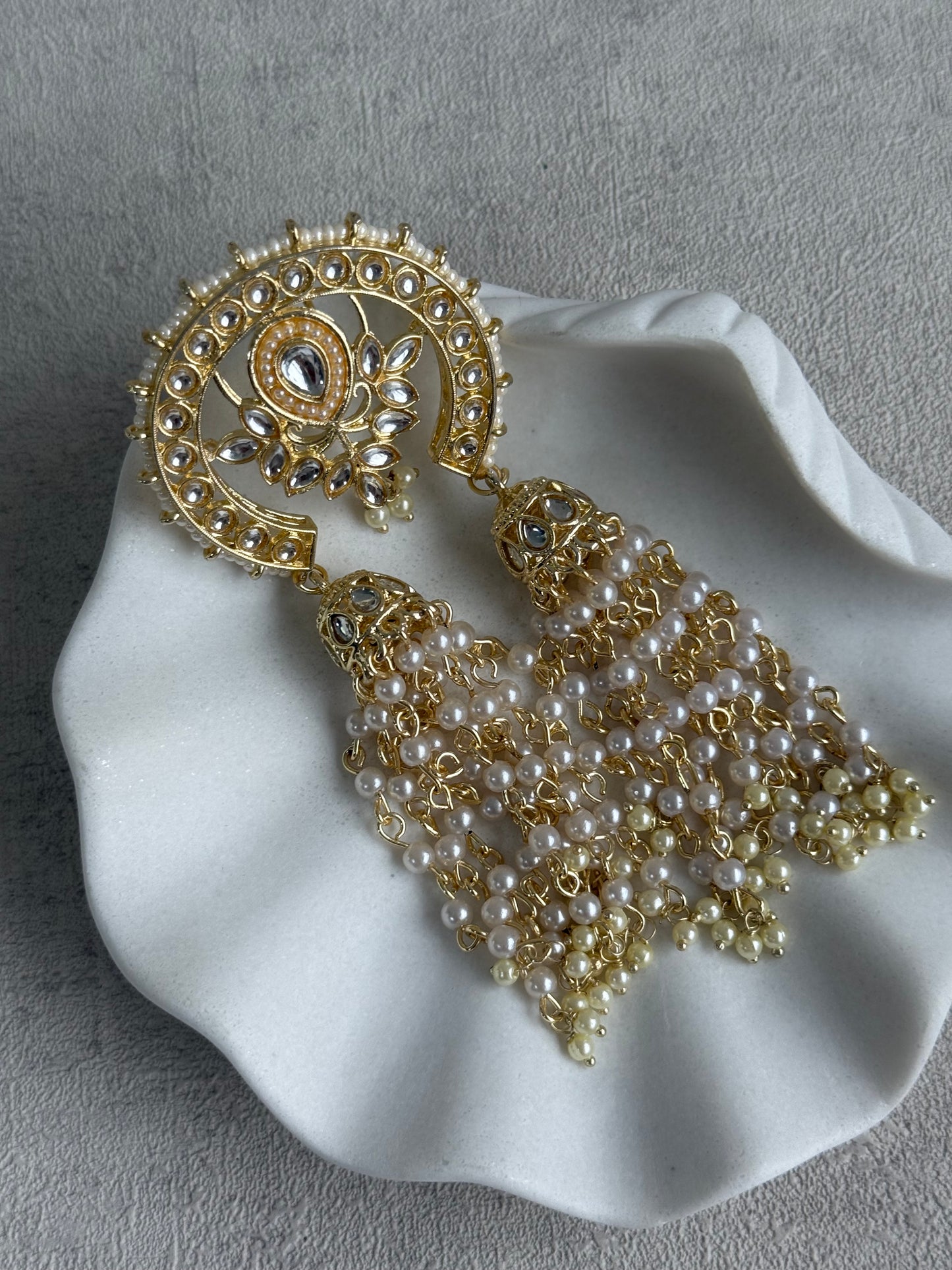 Ayura Designs Kamya Hair Brooch – Polki Crescent with Pearl Tassels in Gold Finish