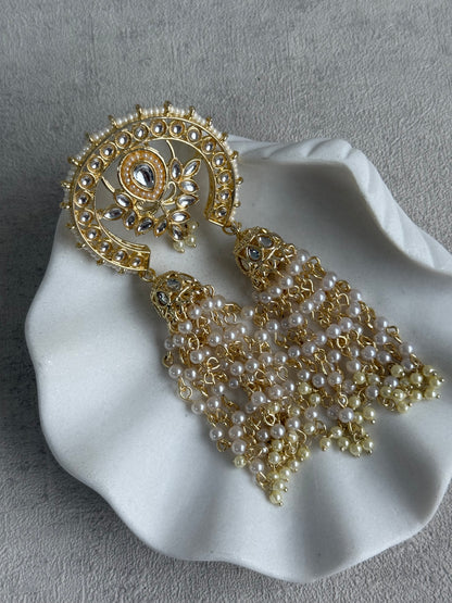 Ayura Designs Kamya Hair Brooch – Polki Crescent with Pearl Tassels in Gold Finish