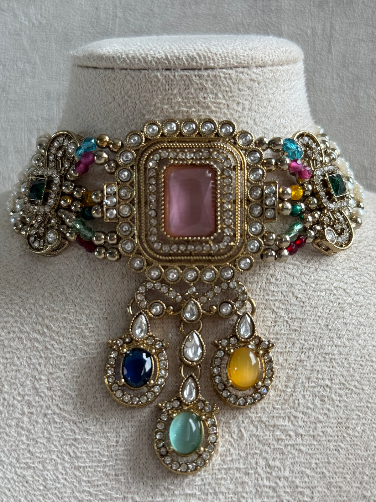 Ayura Designs Nabiha Choker Set with Studs – Blush Pink & Multicolour Stones, Pearl Detailing & Antique Gold Finish