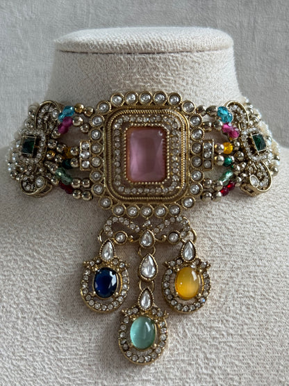 Ayura Designs Nabiha Choker Set with Studs – Blush Pink & Multicolour Stones, Pearl Detailing & Antique Gold Finish
