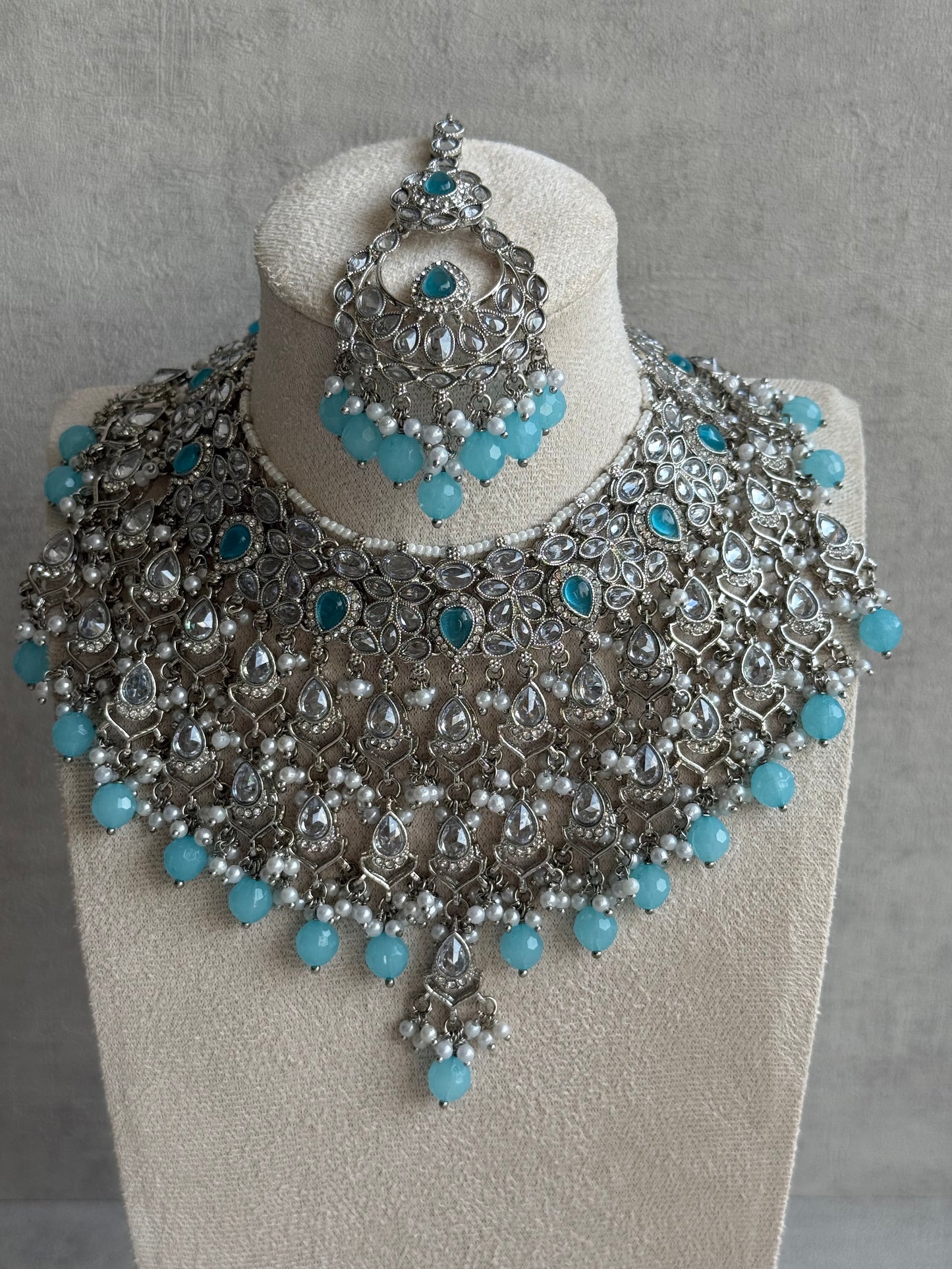 Ayura Designs Eknoor Set – Necklace, Tikka & Earrings with Aqua Blue Beads, Pearls and Silver Finish