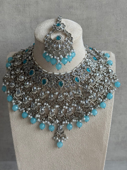 Ayura Designs Eknoor Set – Necklace, Tikka & Earrings with Aqua Blue Beads, Pearls and Silver Finish