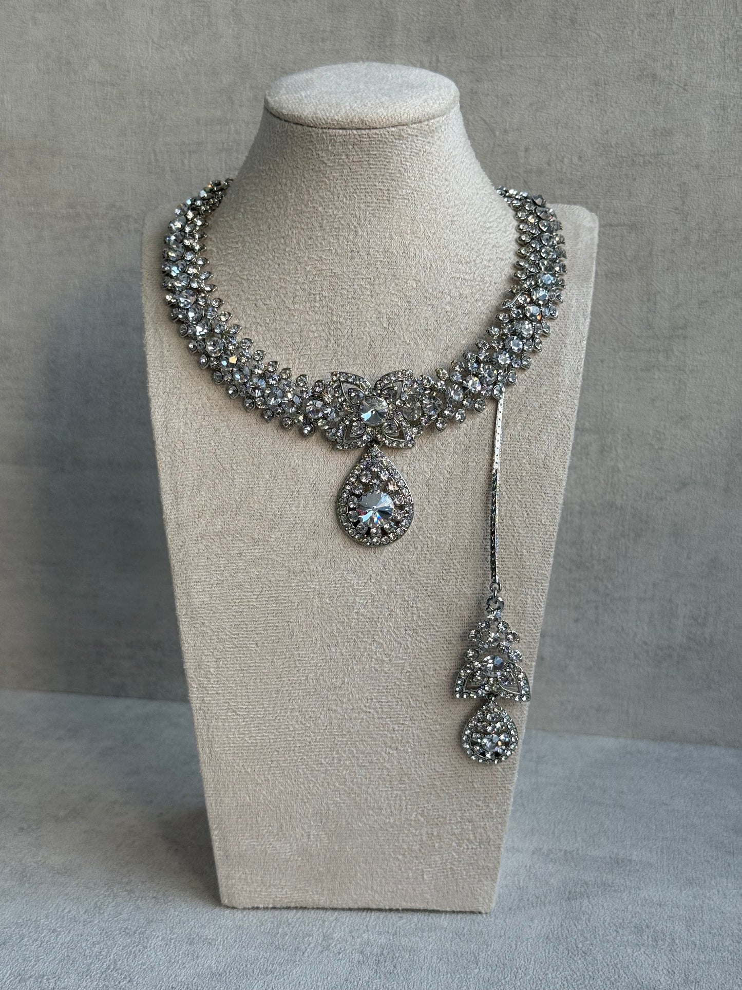 Ayura Designs Falaq Set with Necklace, Earrings & Tikka – Silver Finish with Diamond-Cut Crystals