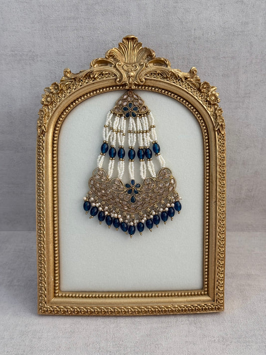 Ayura Designs Raya Jhoomar Passa – Ink Blue Beads with Kundan Detailing & Antique Gold Finish