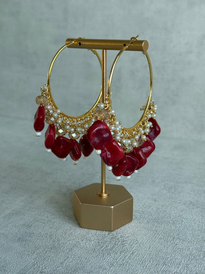 Ayura Designs Heer Balis – Gold Hoops with Ruby Marble Beads, Pearls & Crystal Detailing