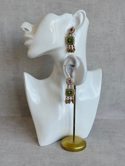 Ayura Designs Inira Drop Earrings – Emerald Green Enamel Bird Earrings with Rani Pink Kundan & Ghungroo Drops