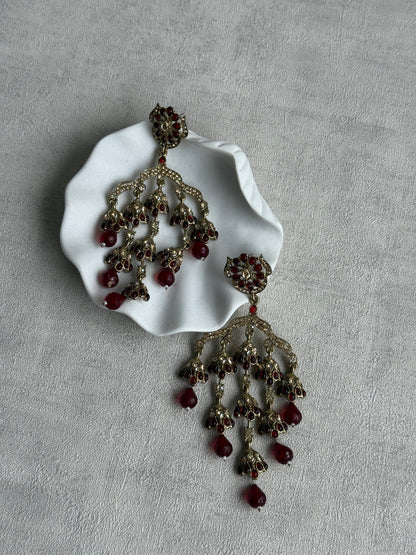 Ayura Designs Jasmine Earrings – Chandelier Earrings with Maroon Beads & Antique Gold Detailing