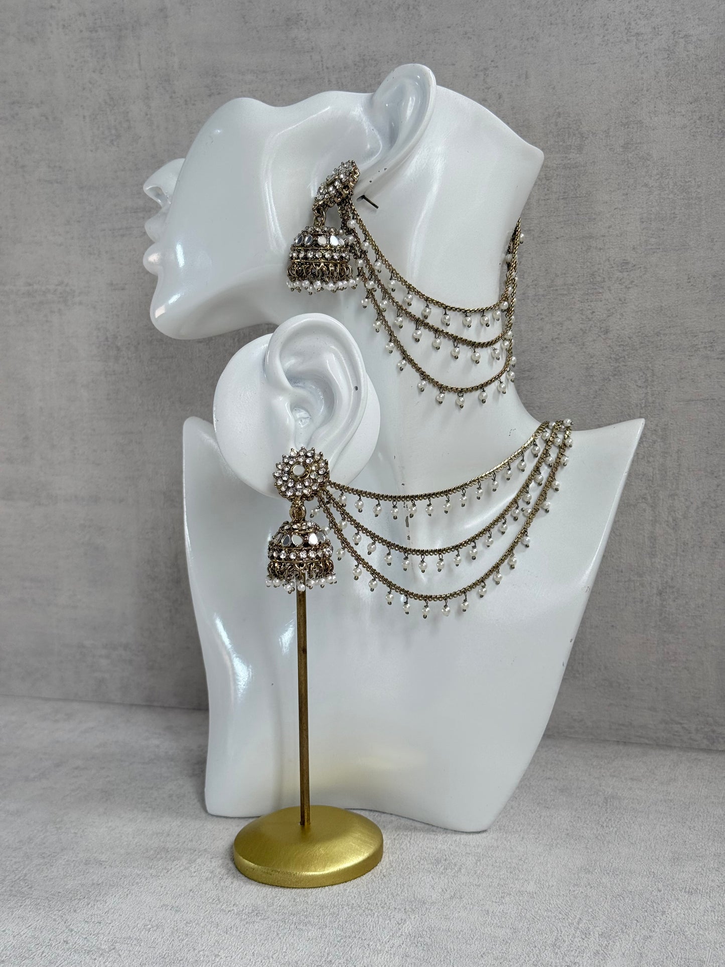 Ayura Designs Aks-e-Noor Jhumkis – Antique Gold Mirror & Crystal Earrings with Detachable Triple-Layer Pearl Sahare