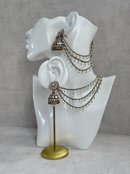 Ayura Designs Aks-e-Noor Jhumkis – Antique Gold Mirror & Crystal Earrings with Detachable Triple-Layer Pearl Sahare
