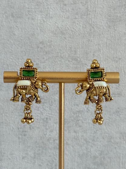 Ayura Designs Ruva Necklace Set with Earrings – Gold Finish, Emerald Green Stones, Ivory Detailing & Elephant Motifs