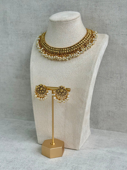 Ayura Designs Ranya Set – Antique Gold Necklace with Stud Earrings & Pearl Detailing
