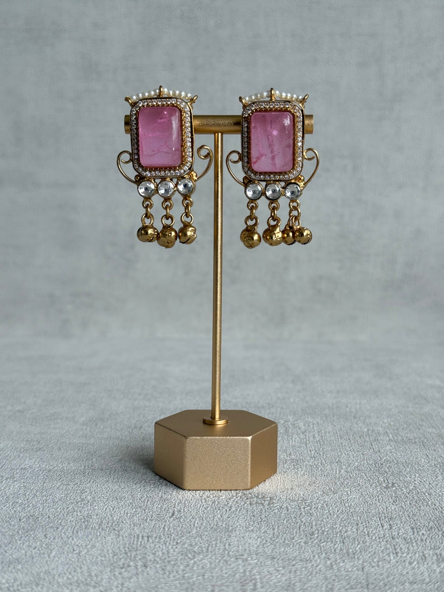 Ayura Designs Aleena Earrings – Blush Pink Stone Stud Earrings with Pearls & Ghungroo Detailing
