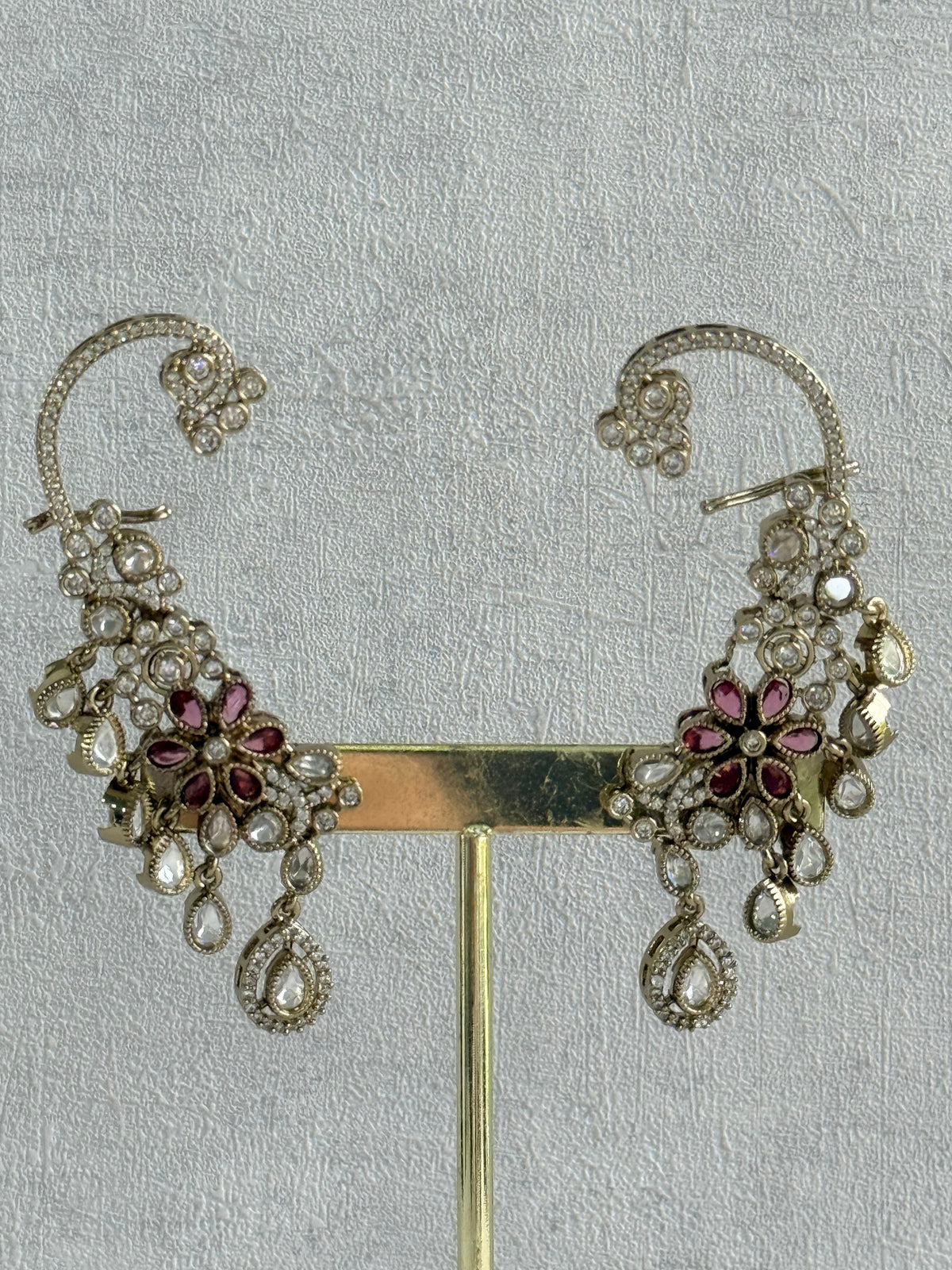 Ayura Designs Aksara Kaanphool Earrings – Rani Pink Stones, Kundan, Crystals & Antique Gold Finish