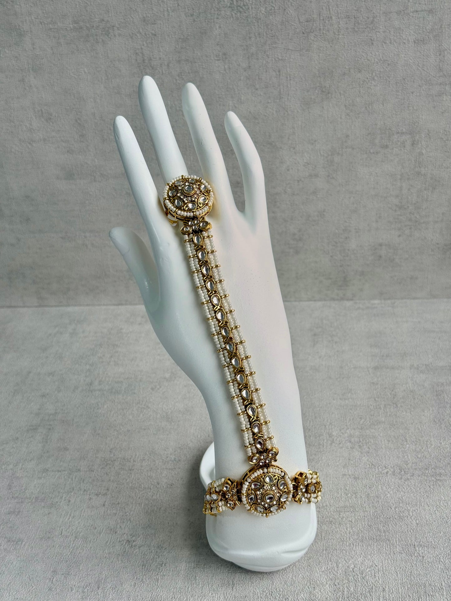 Ayura Designs Mirana Haathphool – Kundan Hand Harness with Pearl Detailing in Antique Gold Finish