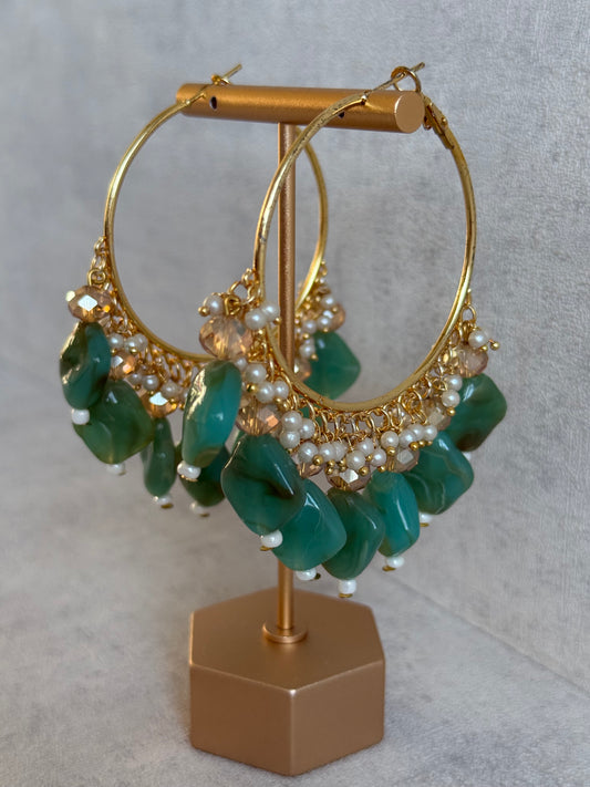 Ayura Designs Heer Balis – Gold Hoops with Jade Green Marble Beads, Pearls & Crystal Detailing