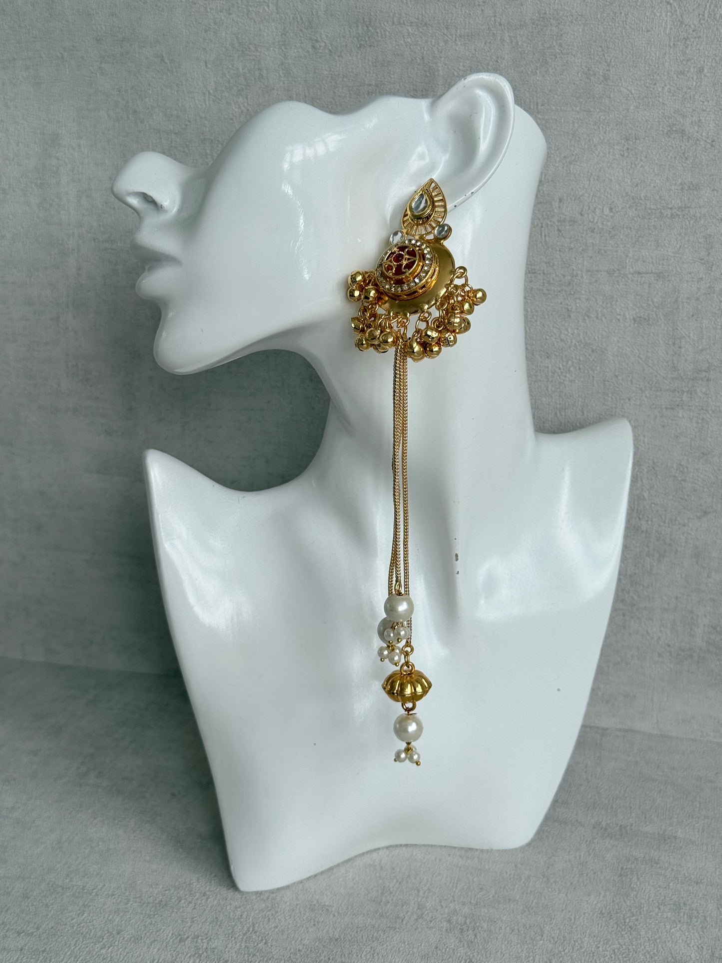 Ayura Designs Kashveen Earrings – Ruby Red Kundan Stones with Pearl Chain Drops & Ghungroo Detailing