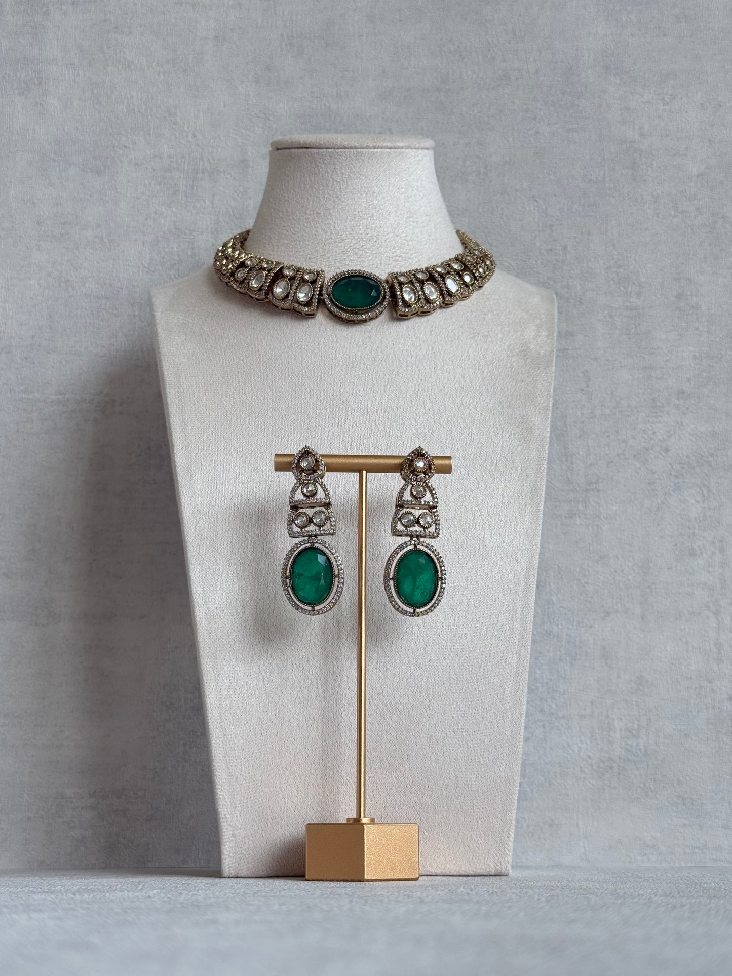 Ayura Designs Sadie Necklace Set with Earrings – Emerald Green Centre Stone, Moissanite Style Stones & Crystal Halo Detailing